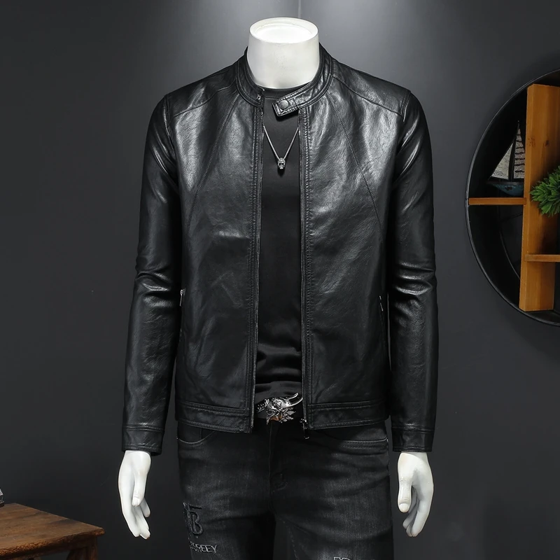 新春男士皮衣休闲寸领拉链皮夹克休闲修身百搭男士外套上衣7122