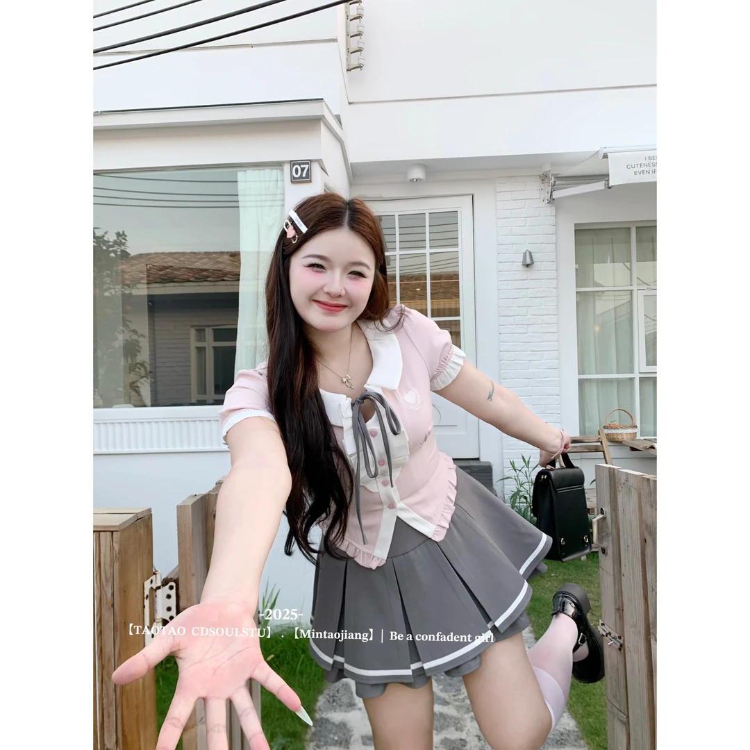 SWEET【韩院千金】微胖学院少女甜美粉色蝴蝶结上衣+百褶短裙套装