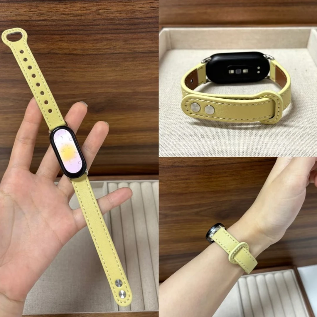 适用小米手环9表带拼色细款双钉扣小米10/8/nfc皮质替换表带腕带