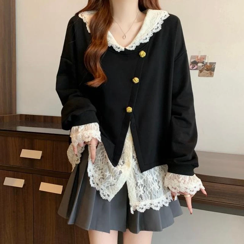 遮肉上衣加宽遮肚子短袖打底衫微胖妹妹大码春秋新款蕾丝假卫衬衫