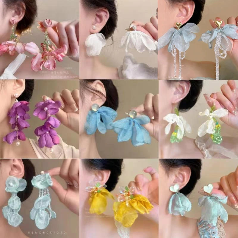 超仙氛围感网纱花朵耳环女海边度假风气质温柔高级感雪纺森系耳饰