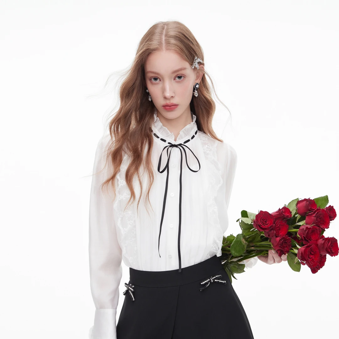 MISSCOCOON可可尼白色上衣女2025秋季新款复古系带长袖莱赛尔衬衫