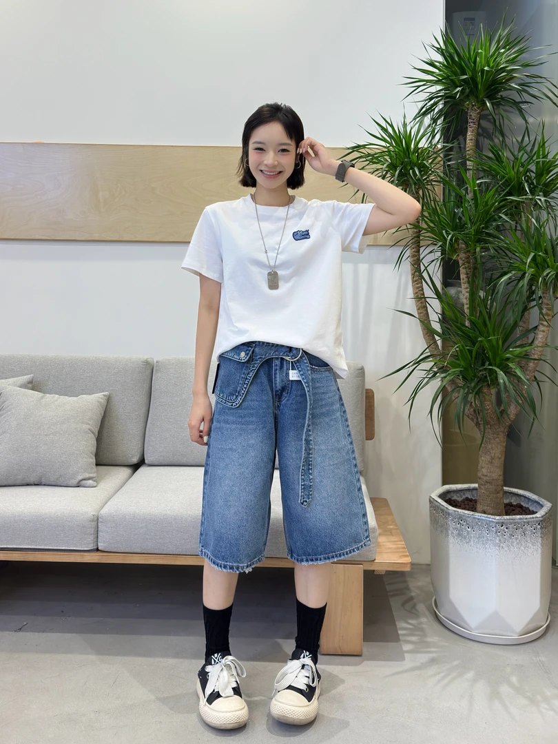 TO【Z7681】美式复古腰封口袋小众设计蓝色宽松慵懒松弛牛仔六分裤