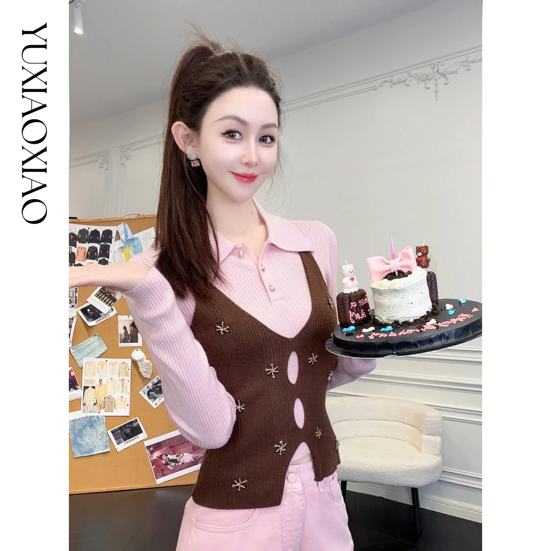 余潇潇【时光魔法】绵羊毛混纺拼珍珠扣镂空设计假两件翻领修身毛衣