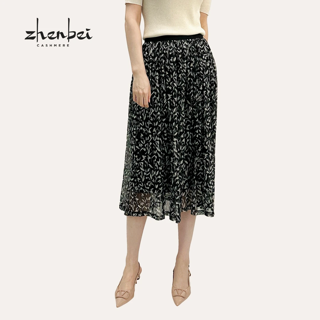 ZB/珍贝专柜品质桑蚕丝网眼印花百褶裙/H104169