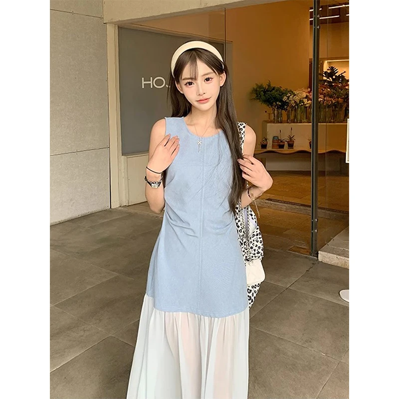 法式蓝色拼接网纱背带中长裙女2025夏季新款设计感无袖气质长裙子