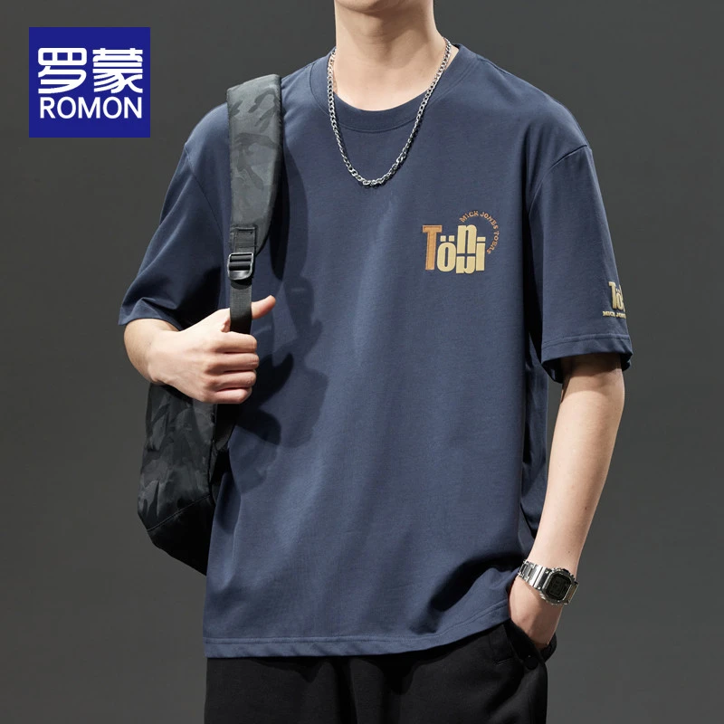 罗蒙重磅纯棉短袖t恤男士夏季宽松潮牌刺绣圆领体恤 百搭半袖上衣