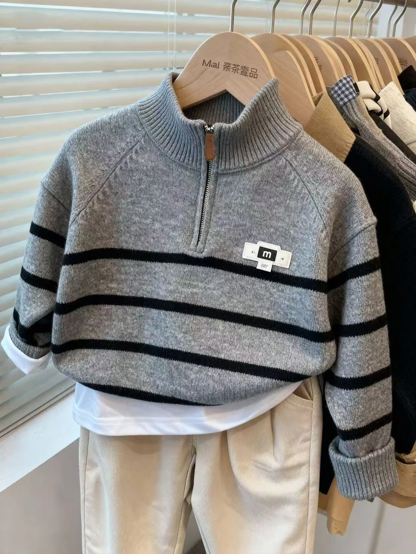 儿童毛衣秋冬新款条纹半拉链男童女童上衣针织衫