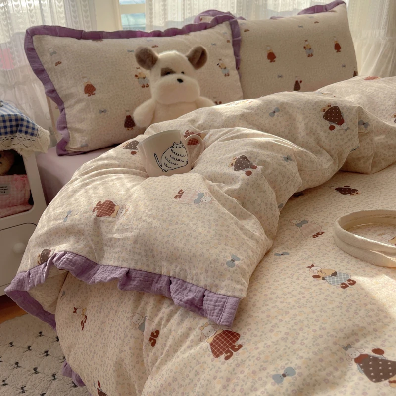 A类双层纱布四件套床上床单亲肤花边被套被罩四季学生宿舍三件套4