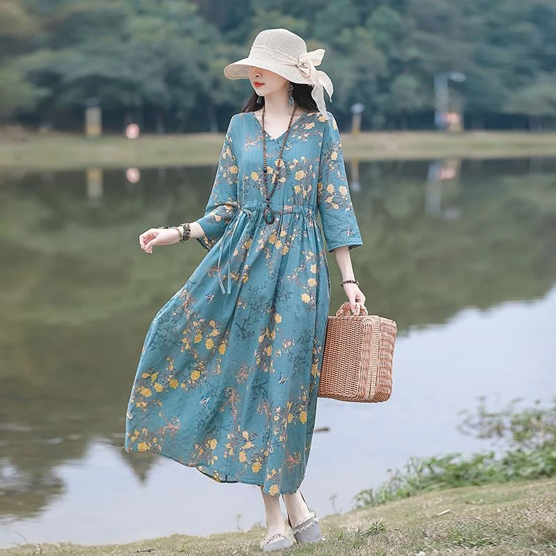 2025夏季新款复古文艺印花棉麻连衣裙宽松大摆长裙女度假风妈妈裙