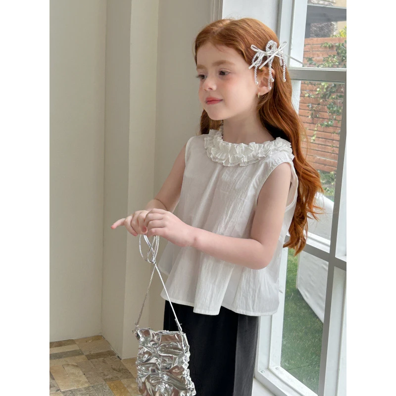 57183女童夏季上衣2025新款洋气花边领衬衫娃娃衫儿童甜美上衣