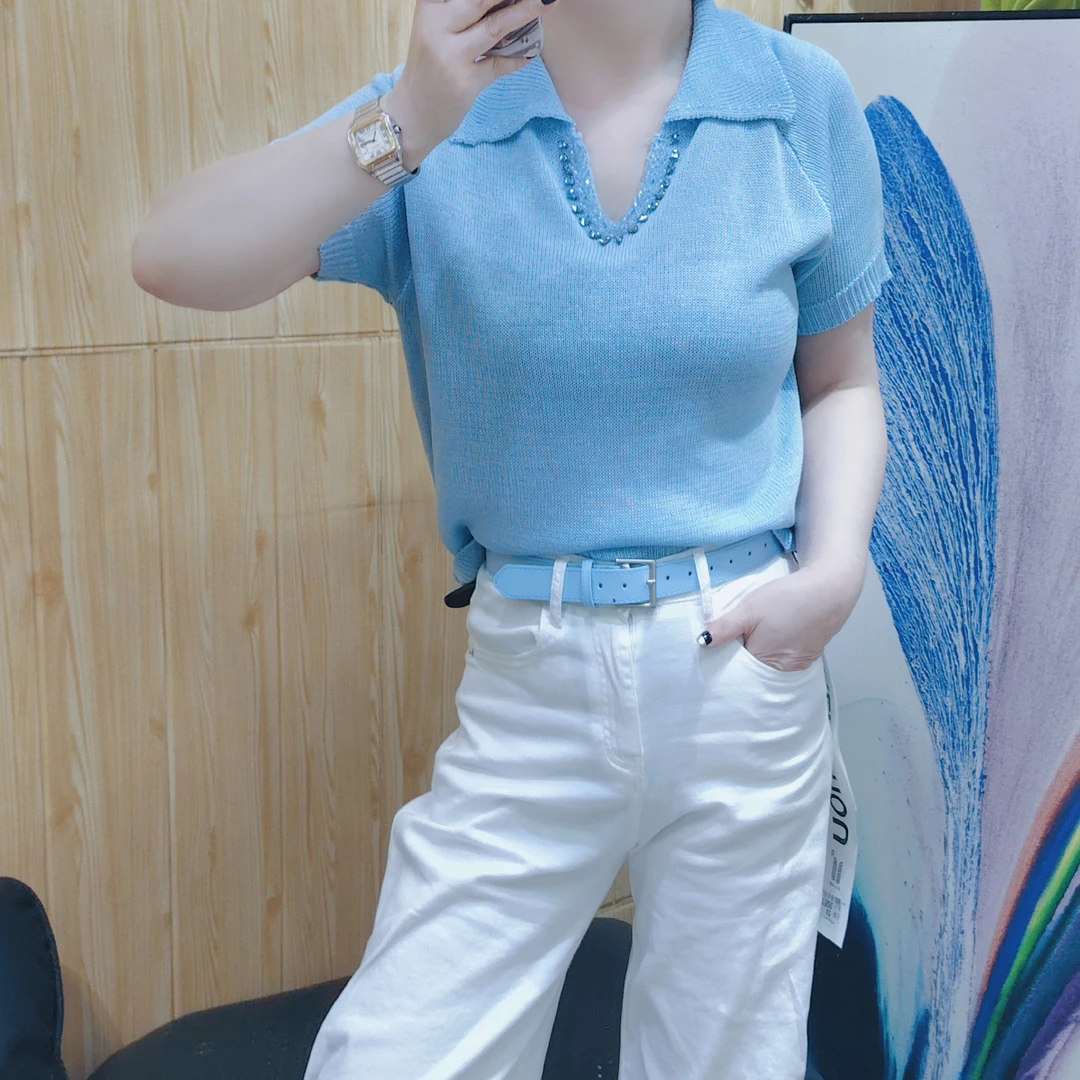针织衫V领短袖学院风宽松型夏季镂空