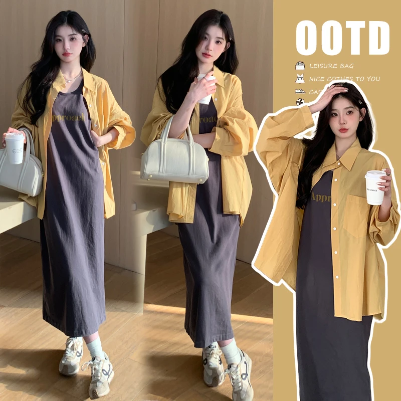 XIAOBU~孕妇装2025春装韩版时尚宽松慵懒风随性衬衫+字母背心裙