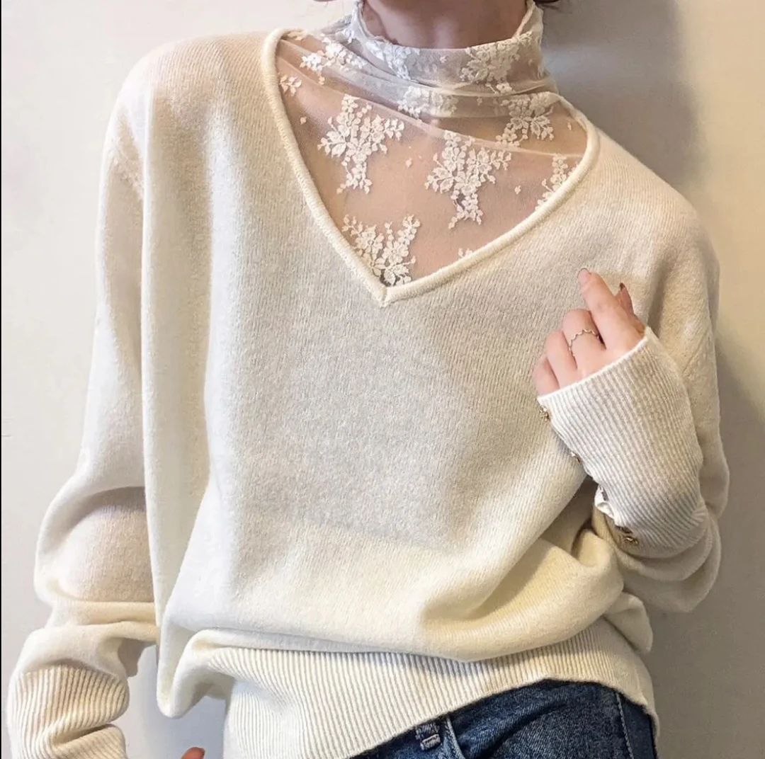 韩版高领蕾丝拼接假两件针织衫女2025秋冬新款修身显瘦打底衫上衣