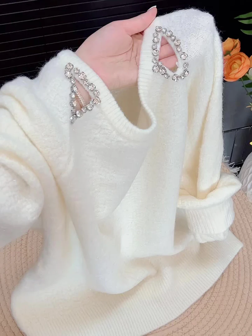 韩系长袖圆领时尚纯色白色上衣女2025早秋简约减龄显瘦超好看毛衣