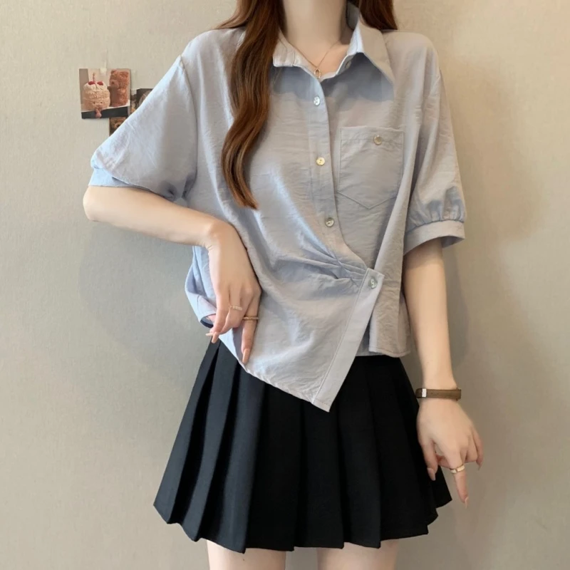 大码女装设计感不规则polo短袖领衬衫夏季新款微胖mm遮肉显瘦上衣