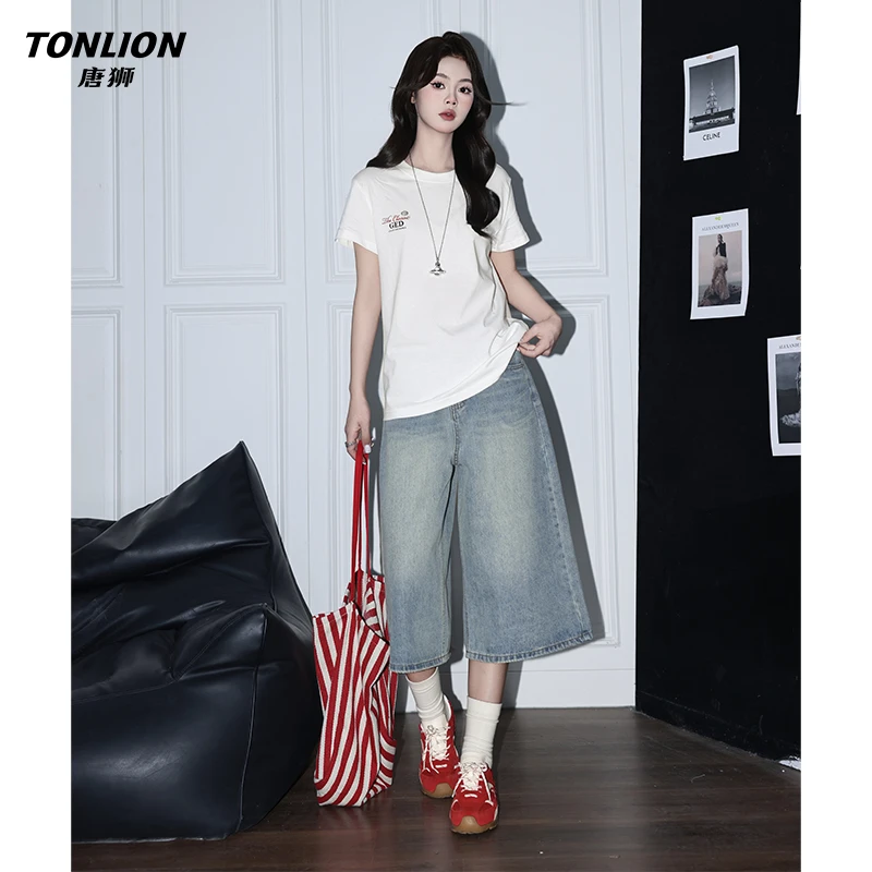唐狮美式浅蓝宽松牛仔七分裤女设计感高腰显瘦百搭阔腿裤直筒中裤