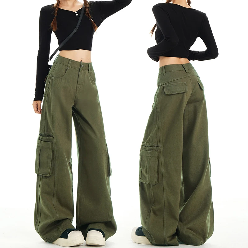 2331军绿色工装牛仔裤女秋季潮新款ins高腰显瘦宽松网红牛仔休闲