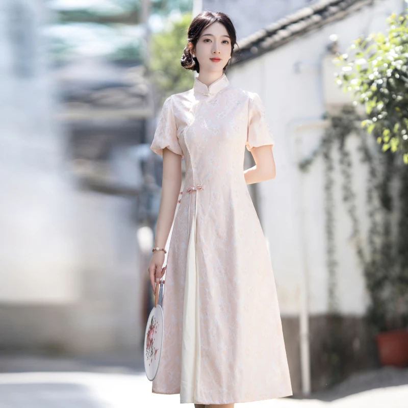 YT2737浅粉色泡泡袖新中式国风改良旗袍年轻款连衣裙小个子日常