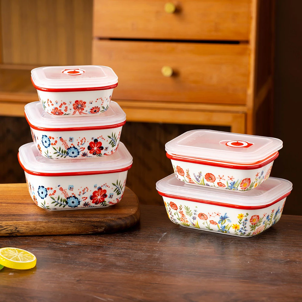 釉中彩陶瓷保鲜碗带盖冰箱收纳盒打包饭盒可进微波炉烤箱
