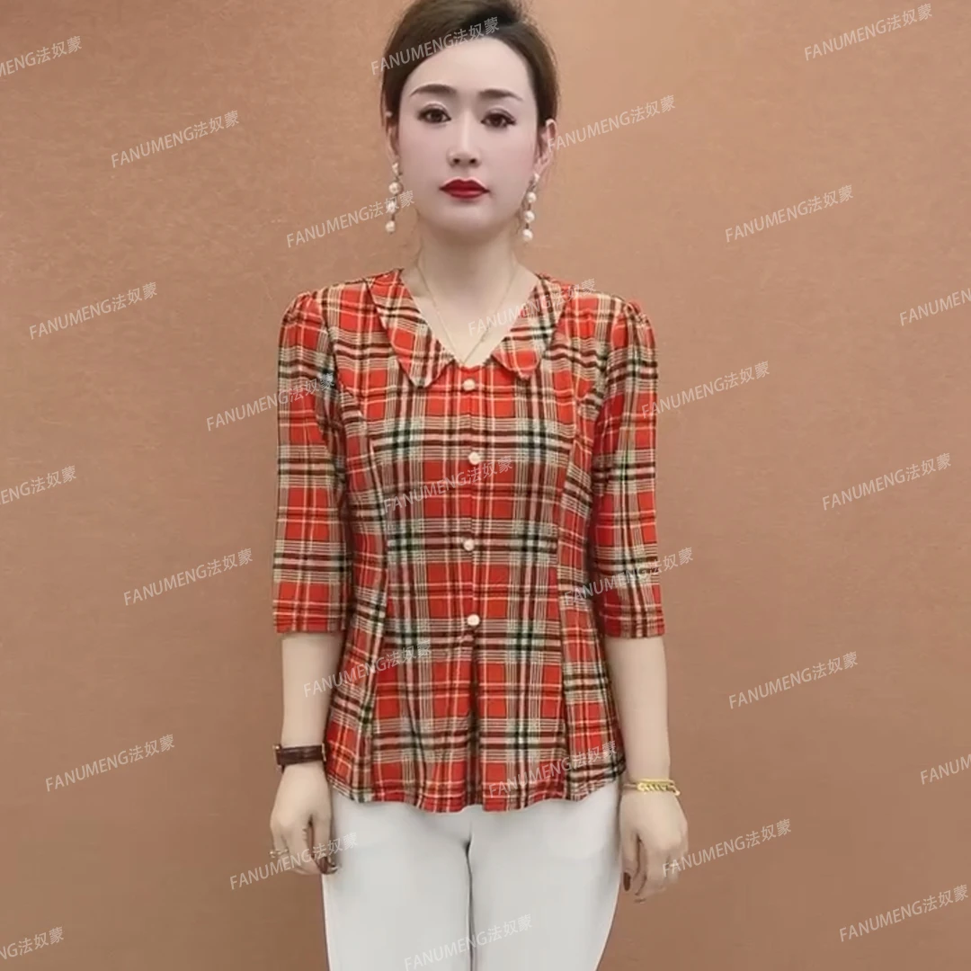 新款娃娃领中袖洋气减龄时尚小衫中老年妈妈装短袖T恤冰雪丝冰丝