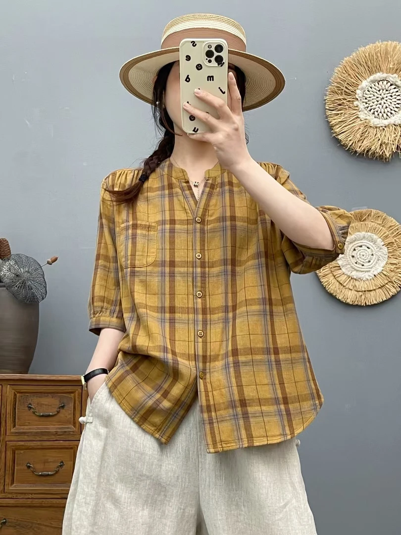 2025夏季新款V领色织格纹衬衫女休闲棉纱柔软上衣6687