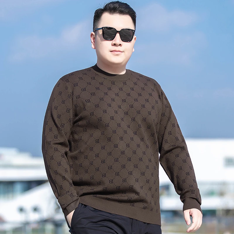秋冬新款提花长袖毛衣男加大码打底衫胖子圆领宽松百搭套头针织衫
