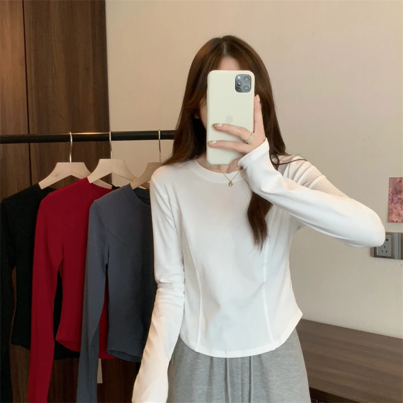 纯色圆领长袖t恤女春秋新款白色显瘦修身百搭短款内搭打底衫上衣