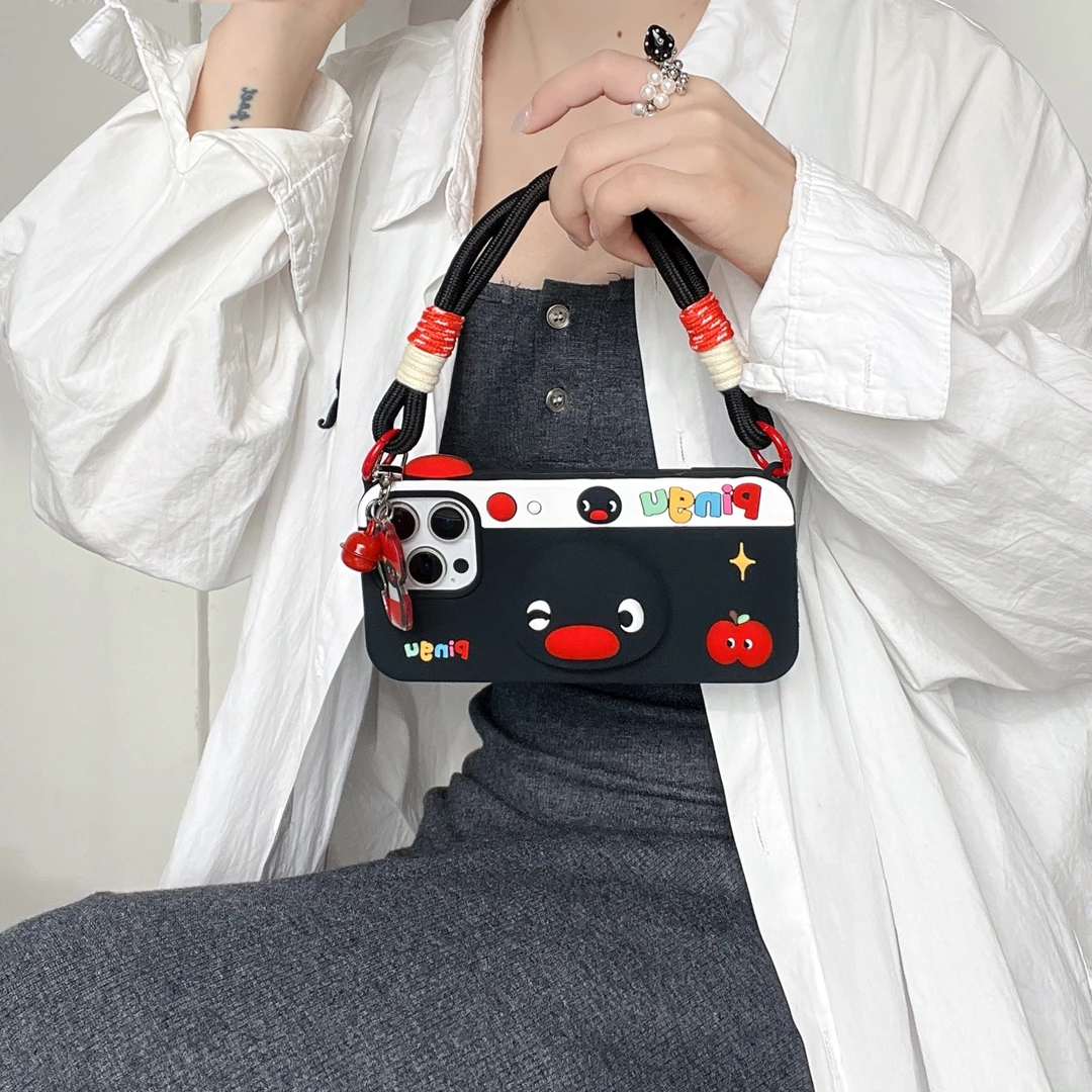 苹果|手提企鹅支架可爱适用iPhone16卡通ins创意15立体硅胶手机壳