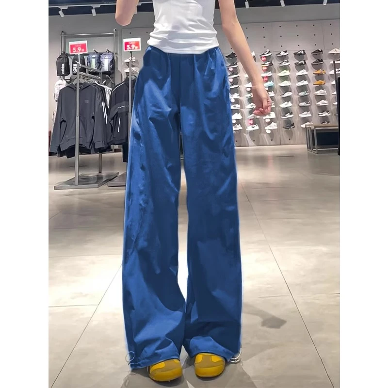 蓝色美式速干工装裤女夏季新款高腰显瘦宽松阔腿裤垂感运动休闲裤