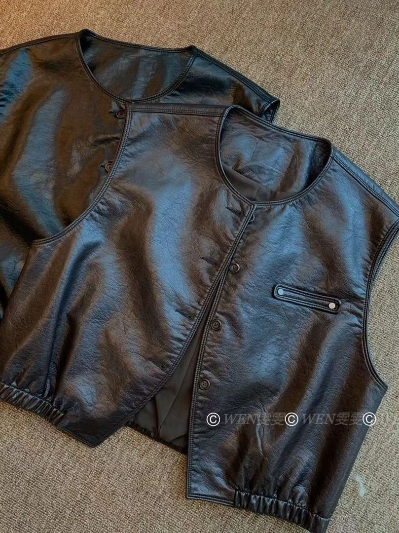 WEN 25新款薄款圆领复古油蜡感轻奢无袖马夹WWC0261