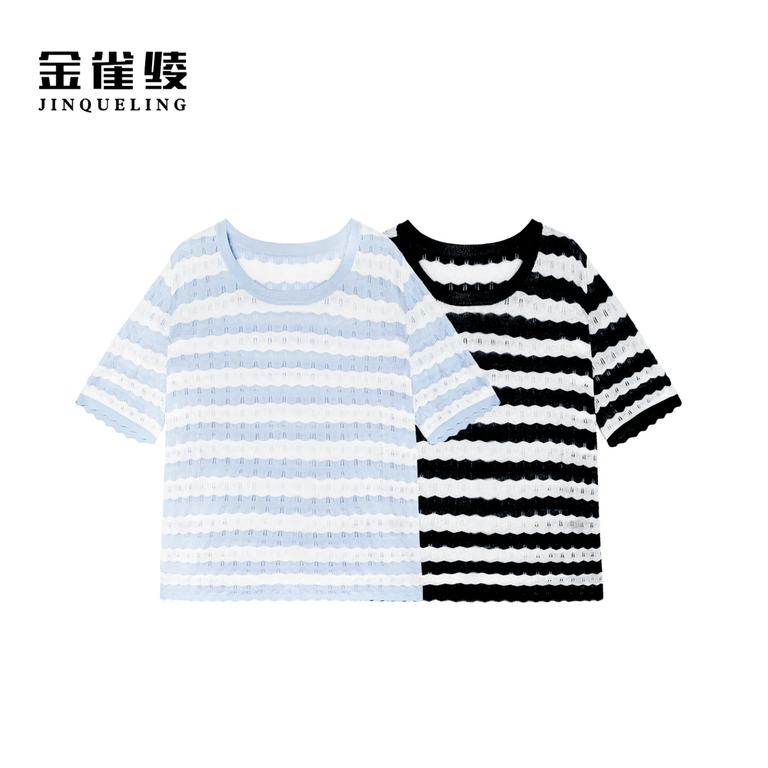 金雀绫【海盐织梦】休闲条纹宽松百搭加宽加大针织小衫SZAK2SHL68