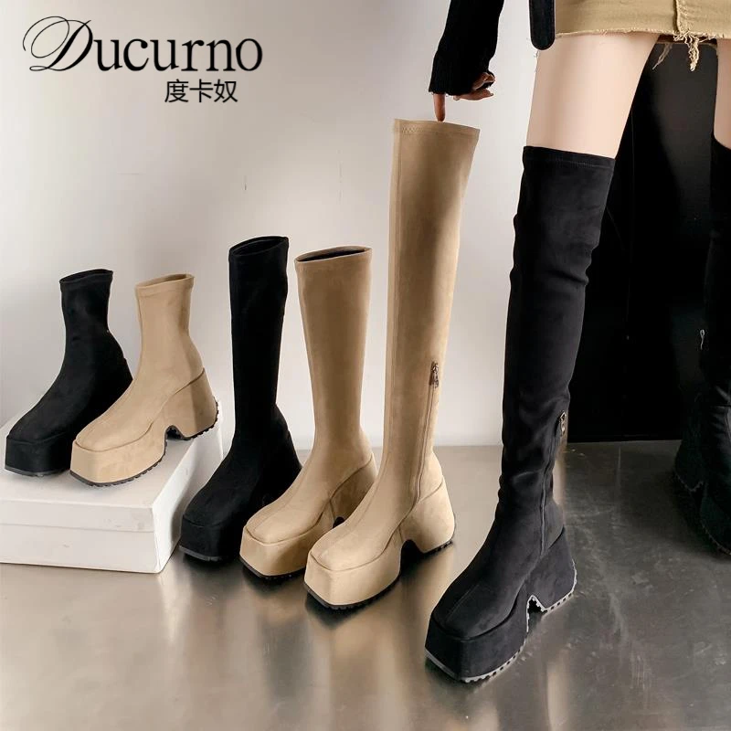 超高跟小个子增高弹力靴女秋冬防水台瘦瘦高筒靴过膝骑士显瘦短靴