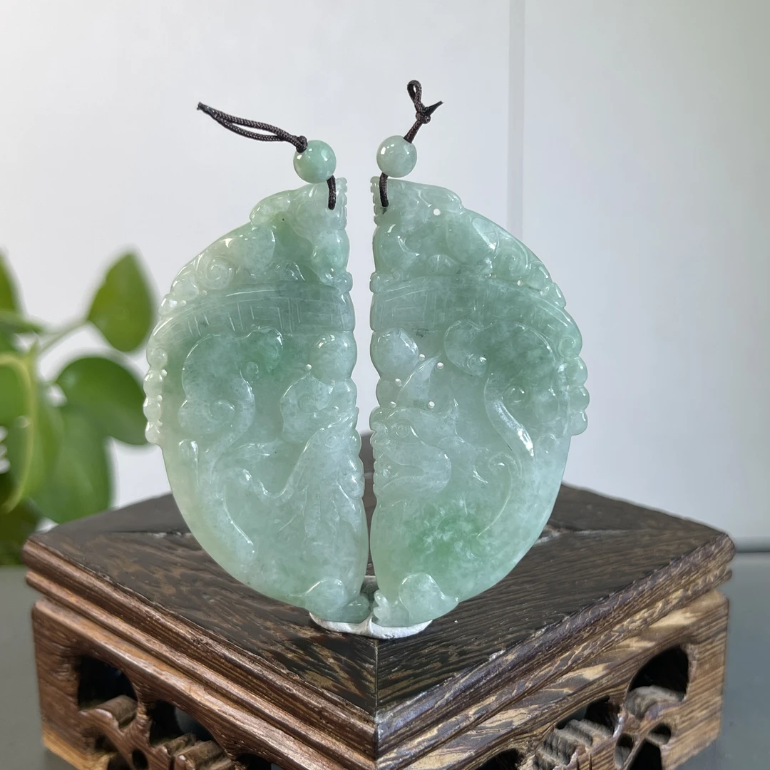 JXA03-27 天然缅甸A货翡翠 龙凤对牌