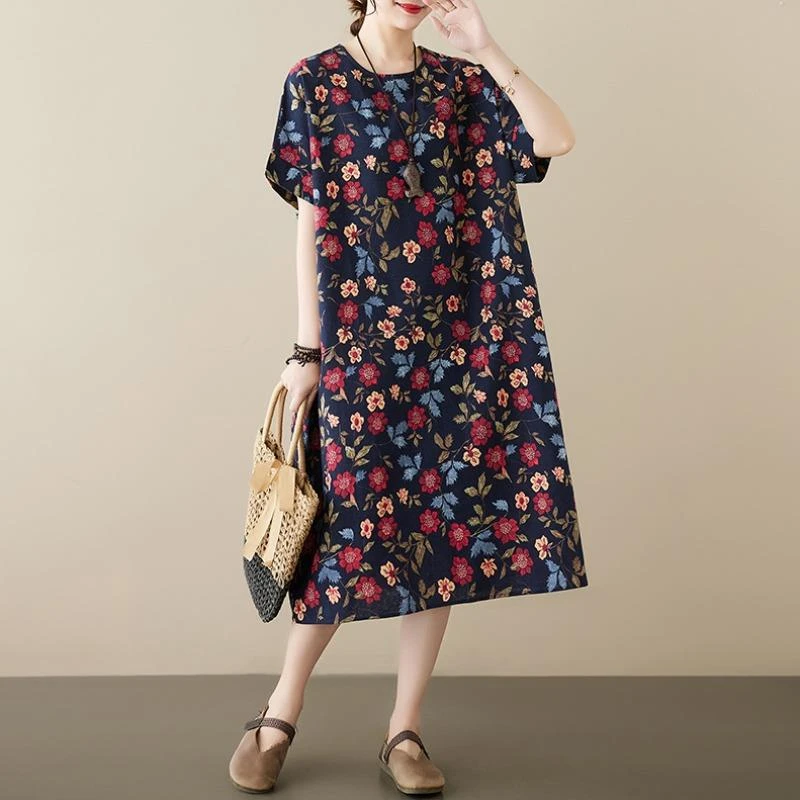 胖MM棉麻复古文艺女大码圆领气质过膝中长裙印花加大短袖连衣裙子