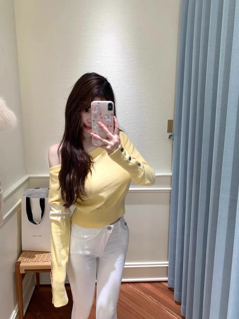 气质显瘦斜肩针织衫女秋季高级感长袖内搭上衣t恤辣妹露肩时尚