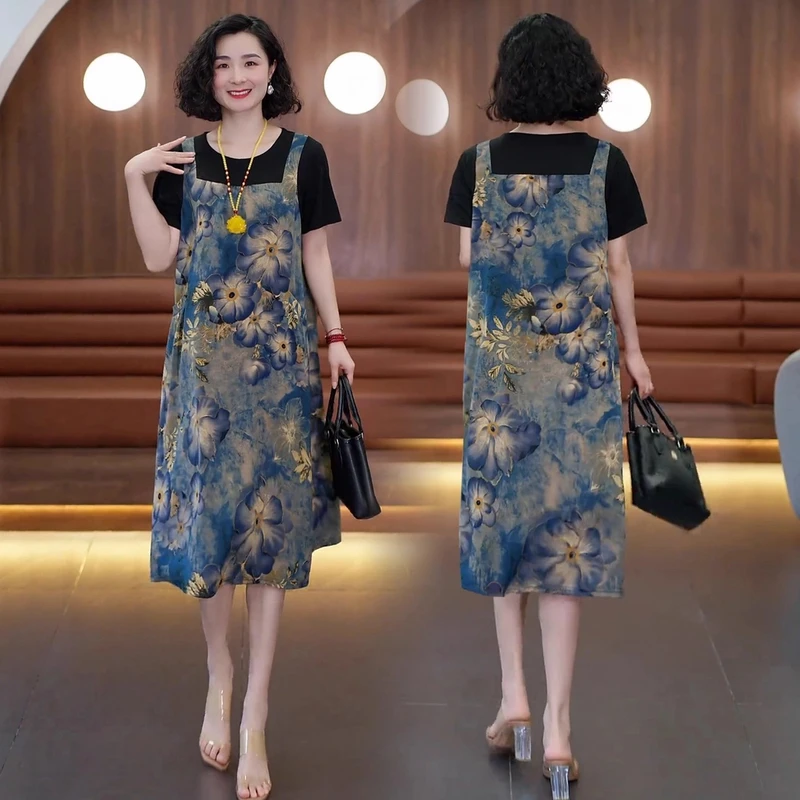 时尚洋气碎花连衣裙女2025夏季新款宽松遮肉显瘦假两件中长款裙子