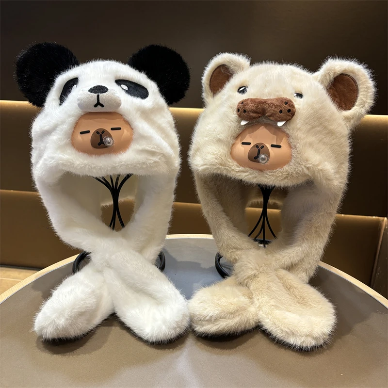 儿童帽子围巾一体毛绒帽冬季户外加绒防风帽男女童卡皮巴拉保暖帽