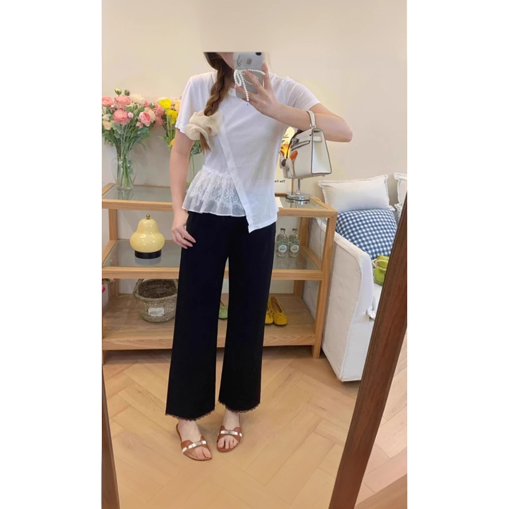 黑色蕾丝边休闲裤女款高腰显瘦大码胖mm夏季新款垂感直筒阔腿裤子