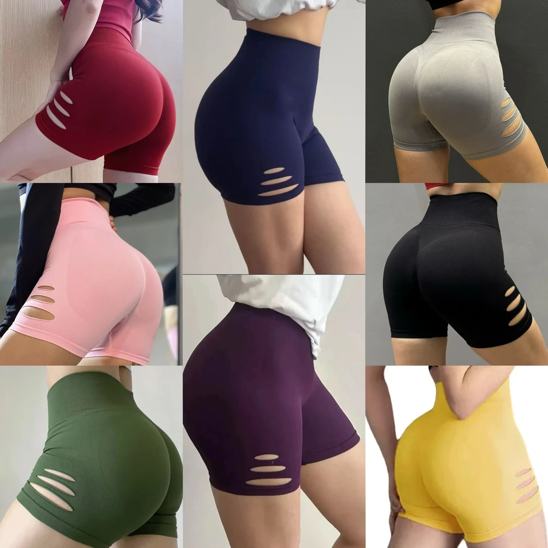 欧美破洞显臀健身短裤高腰提臀运动健身三分裤蜜桃臀撸铁瑜伽裤