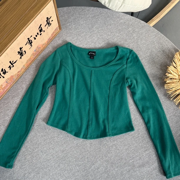 6369短款长袖拼接修身显瘦弹力圆领百搭纯色可爱风T恤