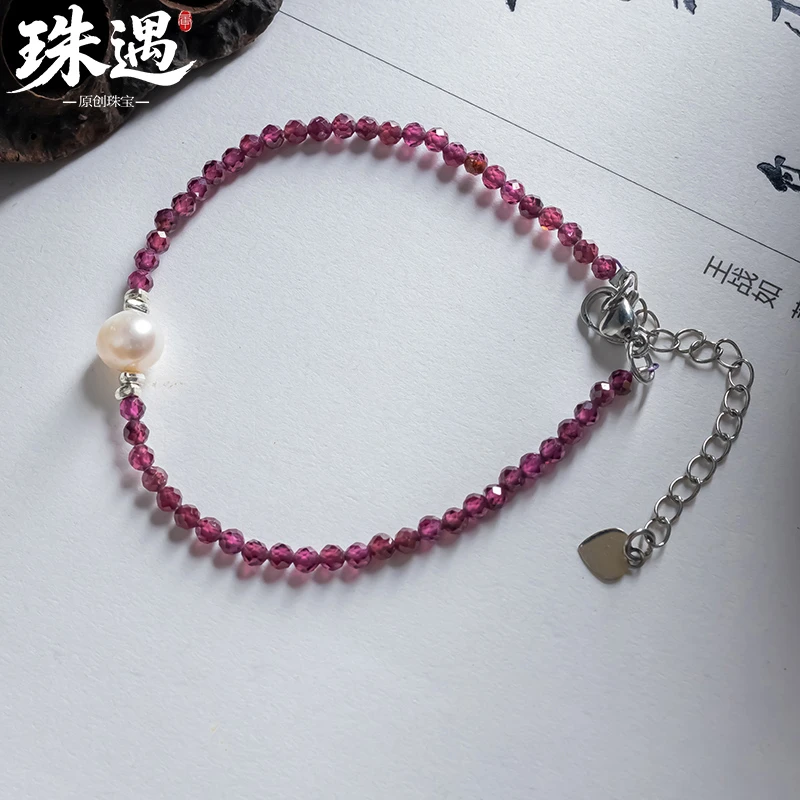 原创天然紫牙乌是石榴石多维度切面搭配珍珠时尚百搭手串 9527