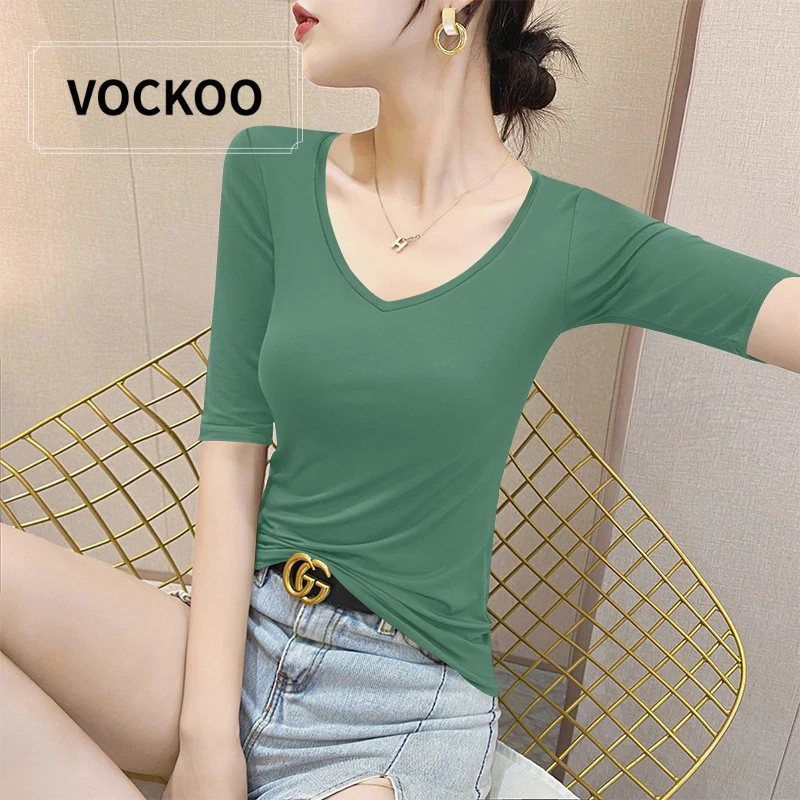 VOCKOO绿色v领莫代尔中袖打底衫T恤女春秋紧身冰丝薄款五七分袖内
