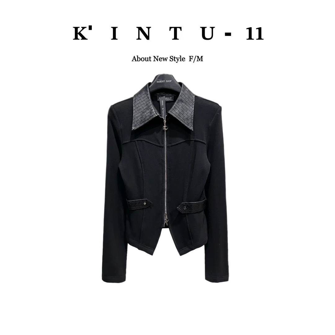 【K-11】原创设计菱格纹蛋白皮领拉链收腰小衫上衣66197