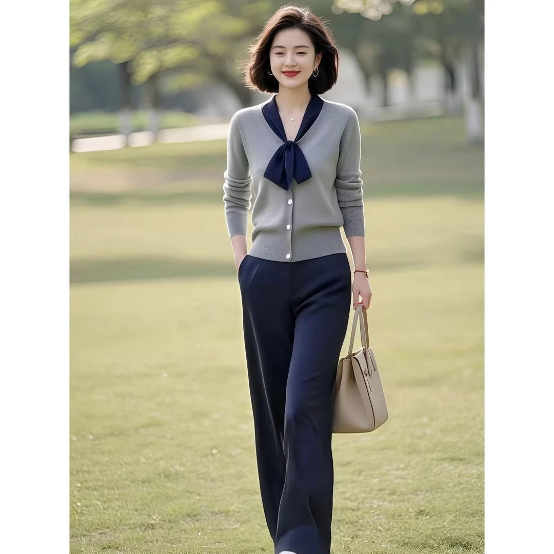 （运费险）2025秋季新款拼接系带针织上衣直筒裤两件套装春秋气质长