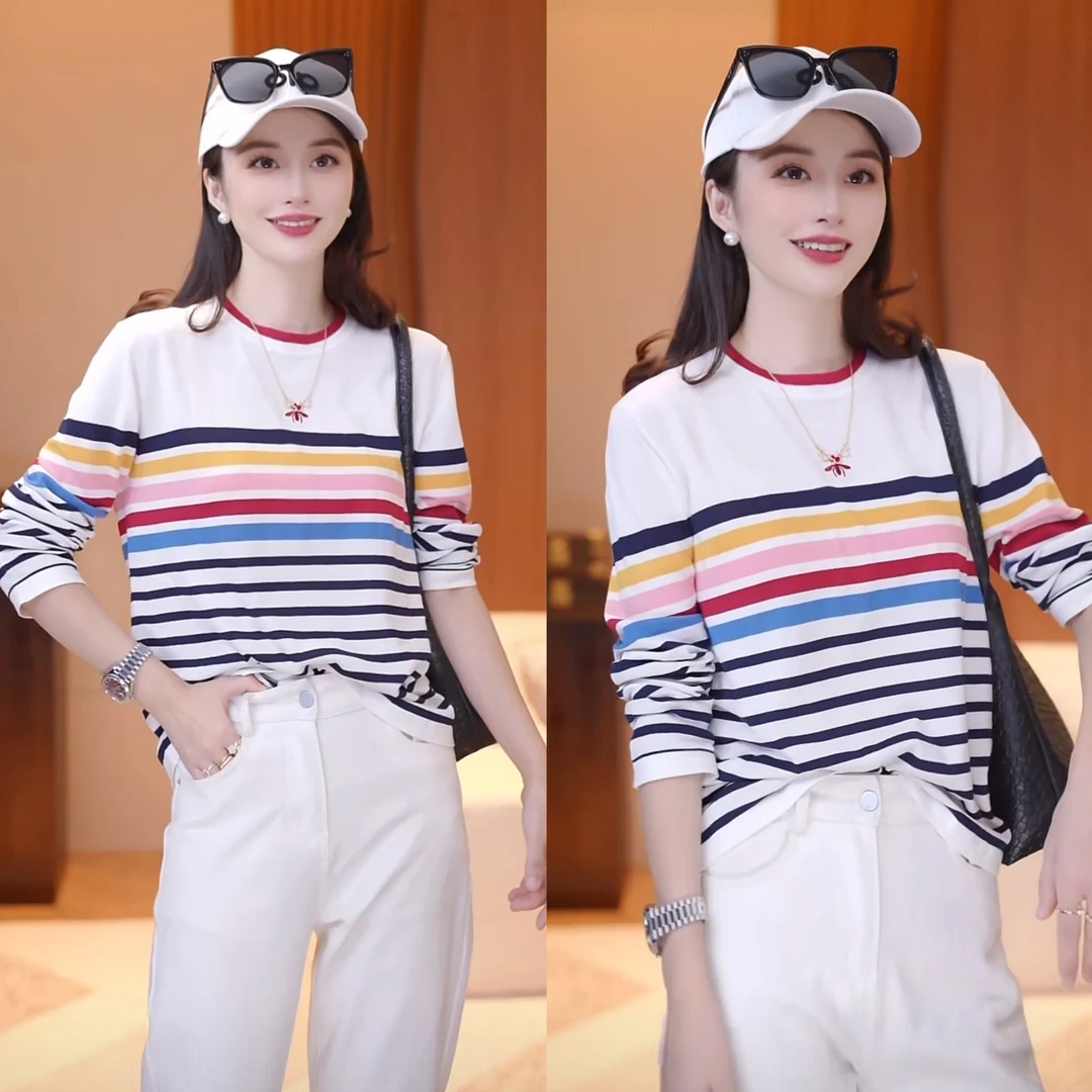 JDND轩羽【小蜜蜂条纹】莱赛尔+桑蚕丝蜜蜂圆领条纹针织衫XY253416