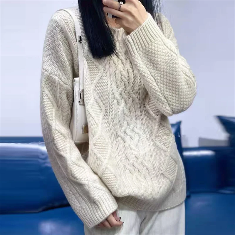 100纯羊毛秋冬加厚百搭女士三股圆领花型羊毛衫