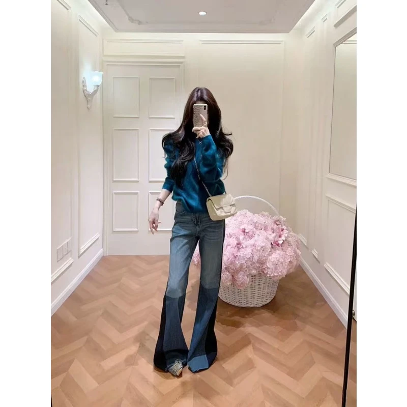 高级感慵懒宽松百搭套头针织衫2025新款高腰时尚阔腿直筒长裤套装