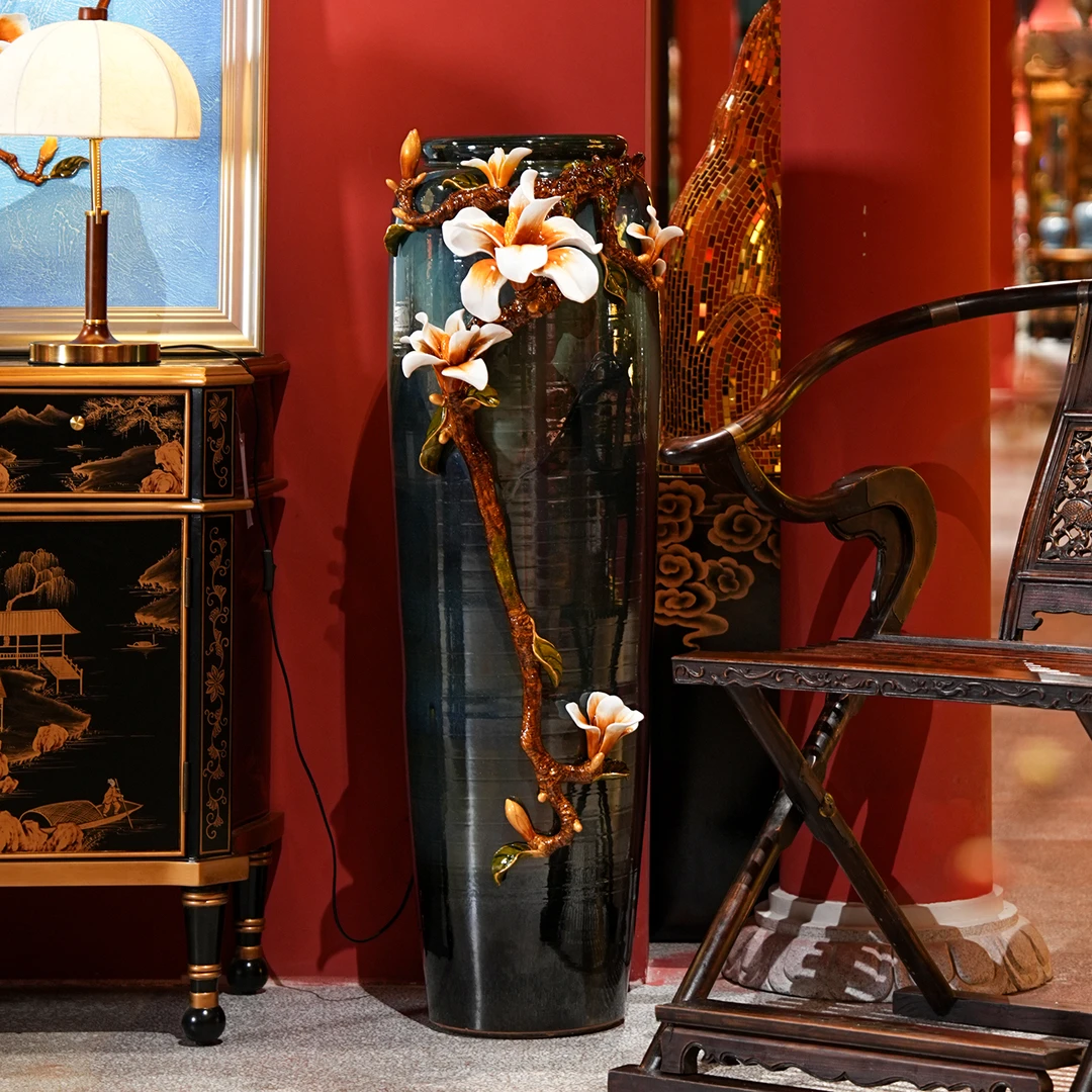 【本尼家】JN18轻奢创意珐琅彩装饰玉兰落地花瓶客厅酒店家居摆件