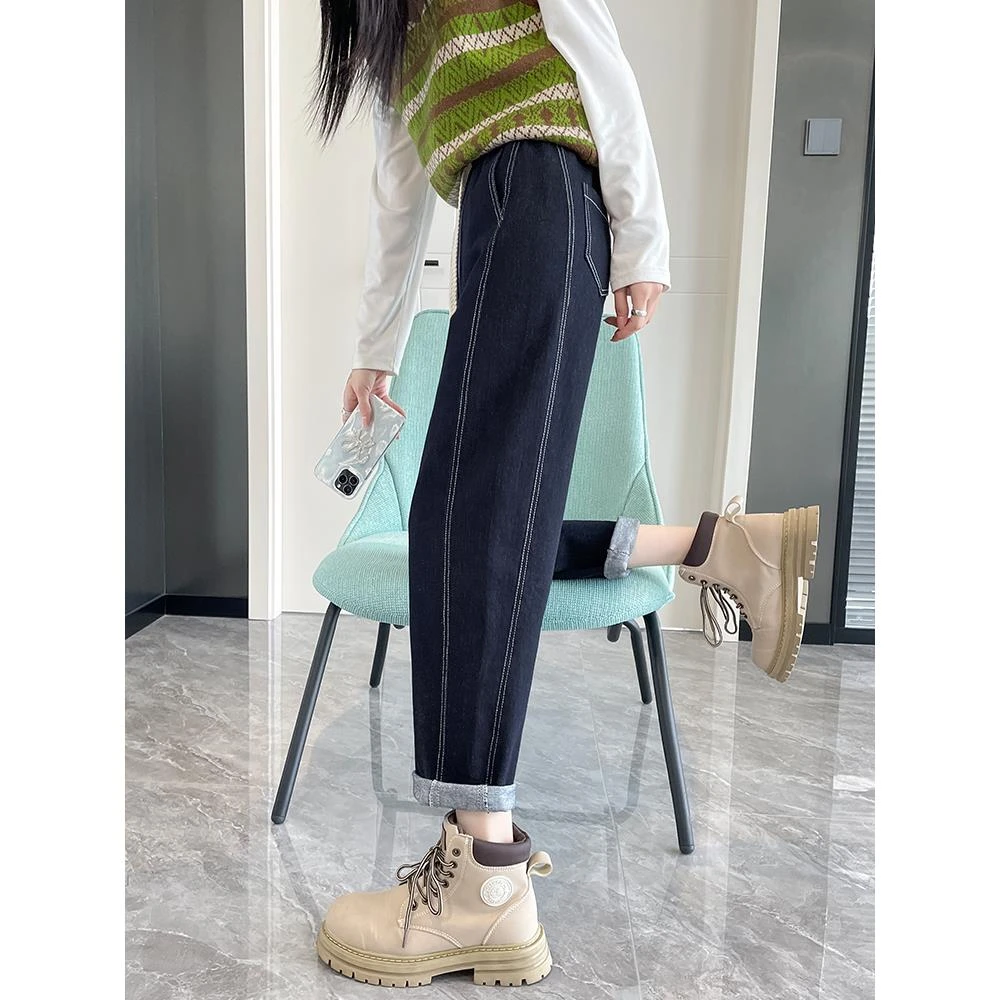 深蓝色松紧腰哈伦牛仔裤女春秋季高腰抽绳宽松显瘦香蕉萝卜老爹裤